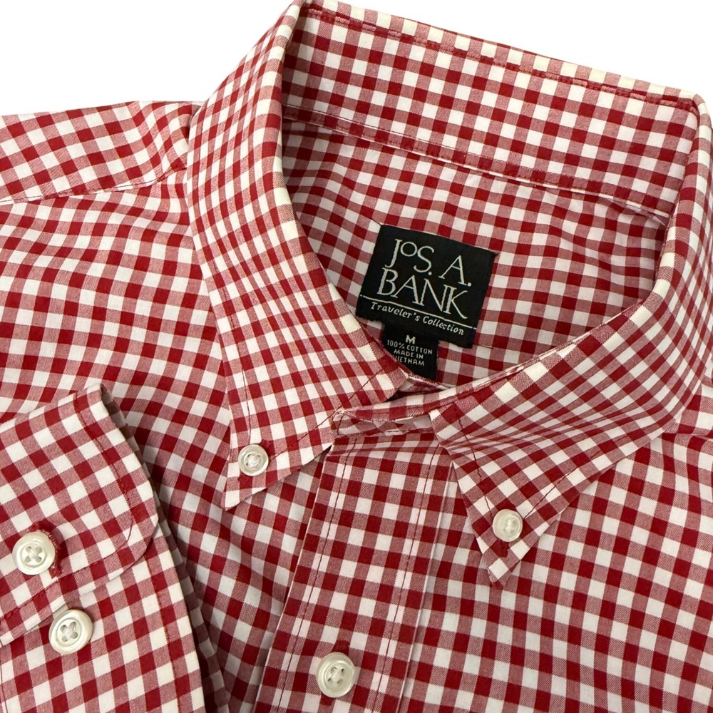 Jos. A. Bank Gingham Shirt Mens M Red White Traveler Collection Button Down